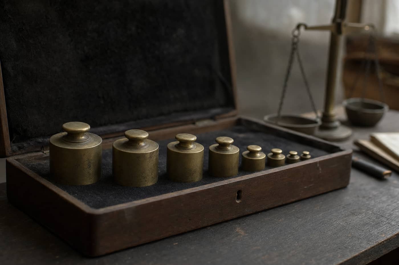 Graduated brass calibration weights in a fitted case beside a two-pan balance.