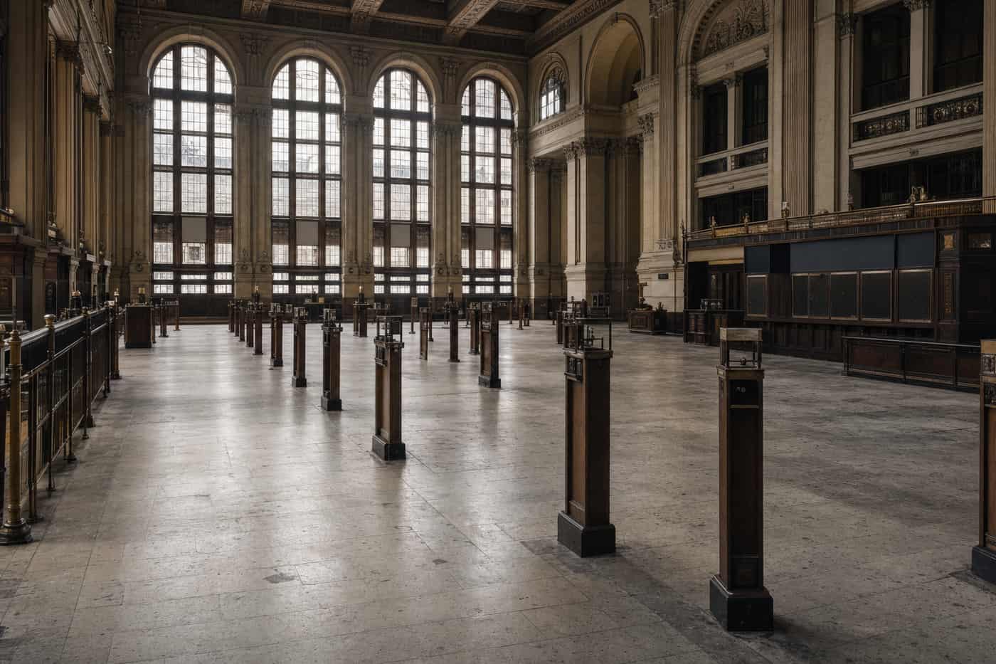 An empty historic exchange trading hall with rows of vacant wooden trading posts.