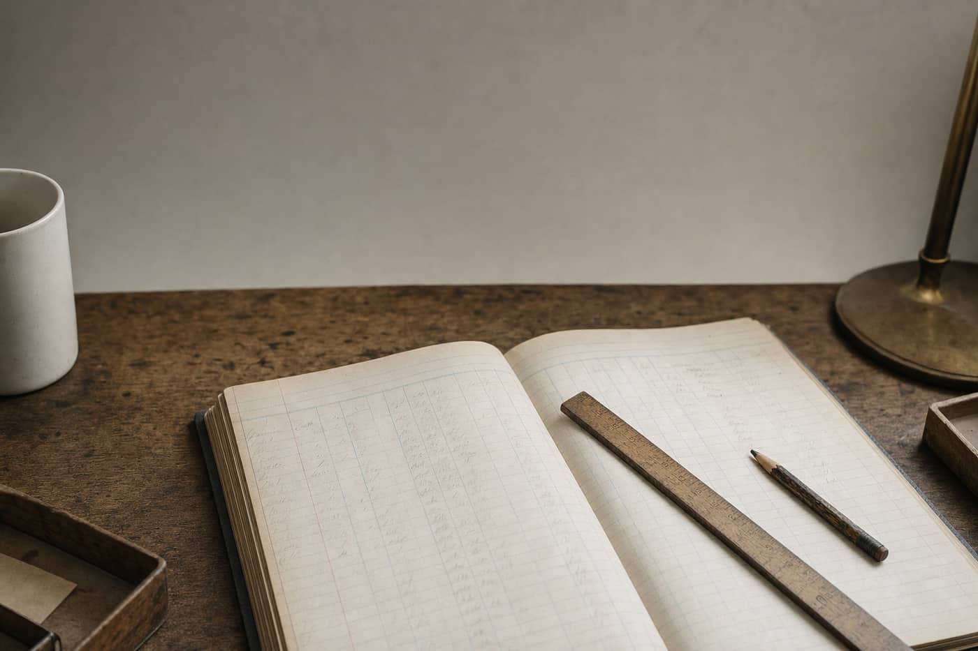 An open ruled ledger book with pencil columns, a wooden ruler and a worn pencil.